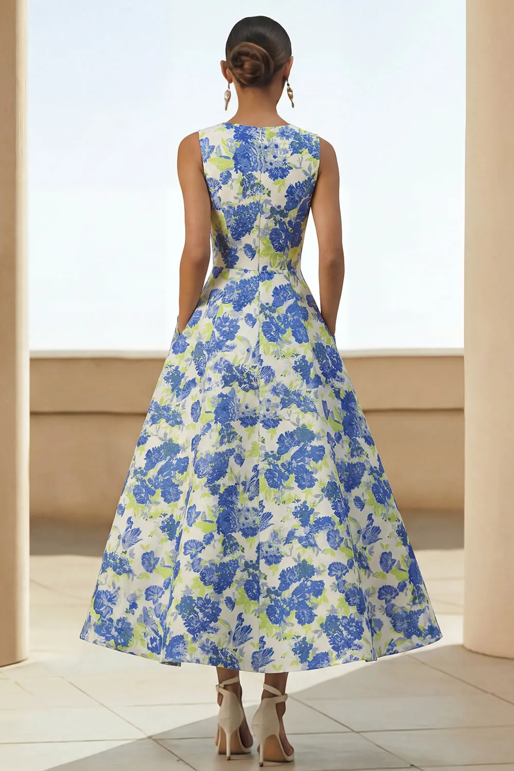 Blue Floral A Line Midi Wedding Guest Dress with Pockets sold by Wedtrend product image thumbnail 2