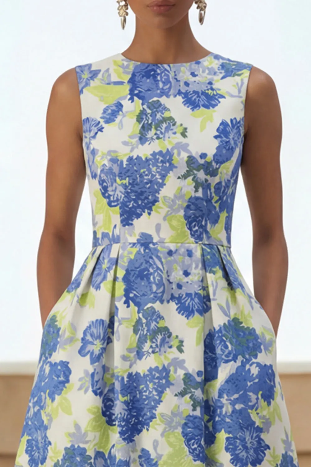 Blue Floral A Line Midi Wedding Guest Dress with Pockets sold by Wedtrend product image thumbnail 3