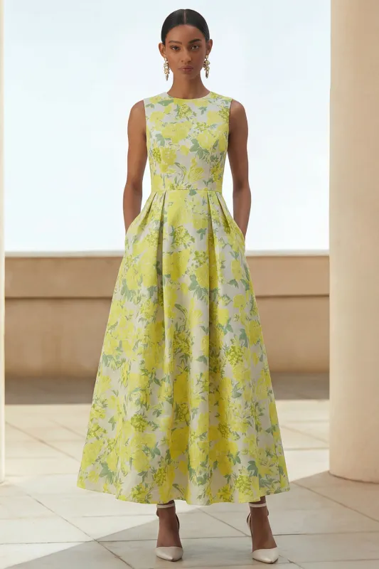 Floral A Line Yellow Midi Wedding Guest Dress with Pockets made by Wedtrend