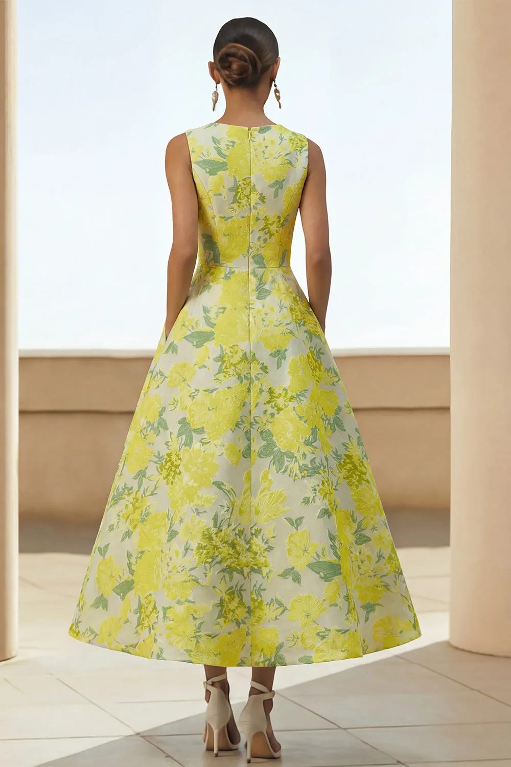 Floral A Line Yellow Midi Wedding Guest Dress with Pockets sold by Wedtrend product image thumbnail 2