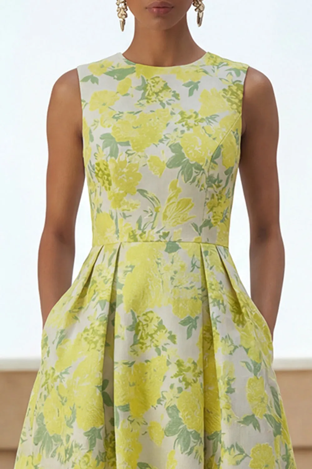 Floral A Line Yellow Midi Wedding Guest Dress with Pockets sold by Wedtrend product image thumbnail 3