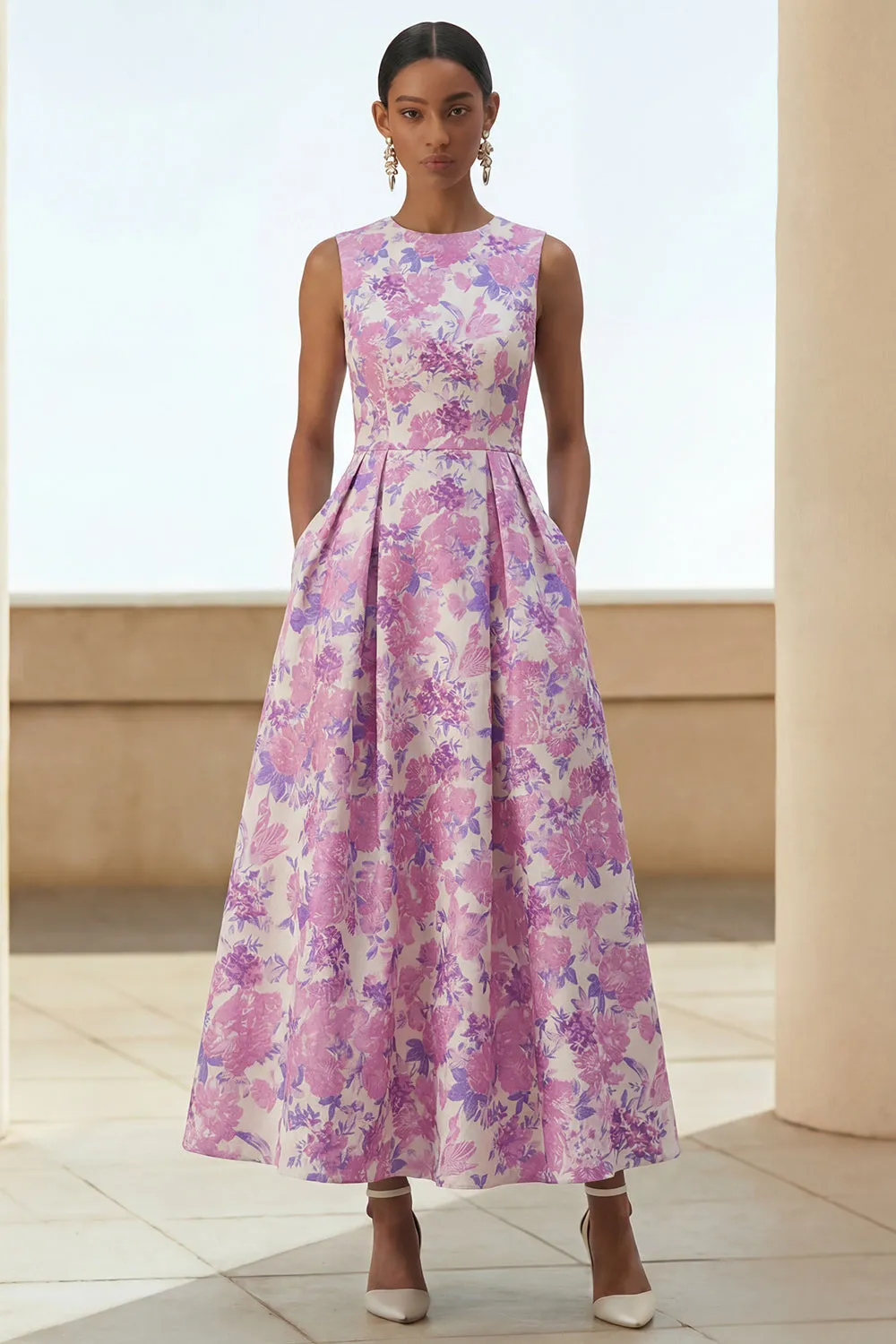 Lilac Floral A Line Round Neck Midi Wedding Guest Dress with Pockets sold by Wedtrend