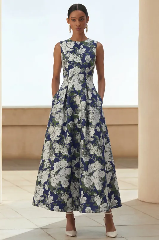 Navy Flower Round Neck A Line Midi Wedding Guest Dress with Pockets sold by Wedtrend