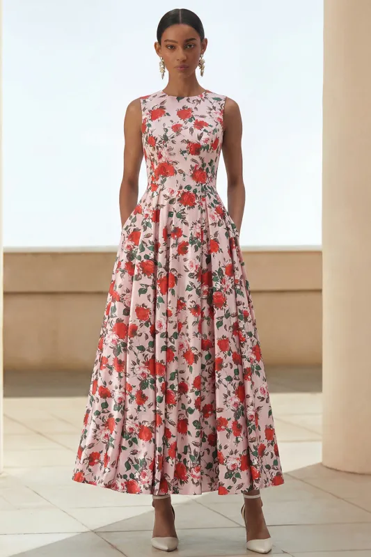 Pink Floral A Line Midi Wedding Guest Dress with Pockets made by Wedtrend