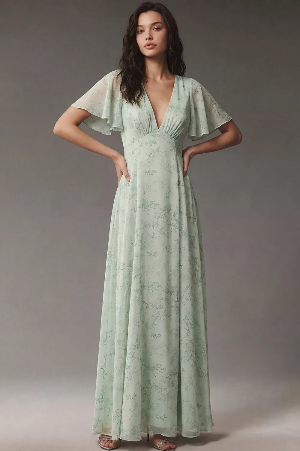 Floral A Line V Neck Dusty Sage Maxi Wedding Guest Dress sold by Wedtrend