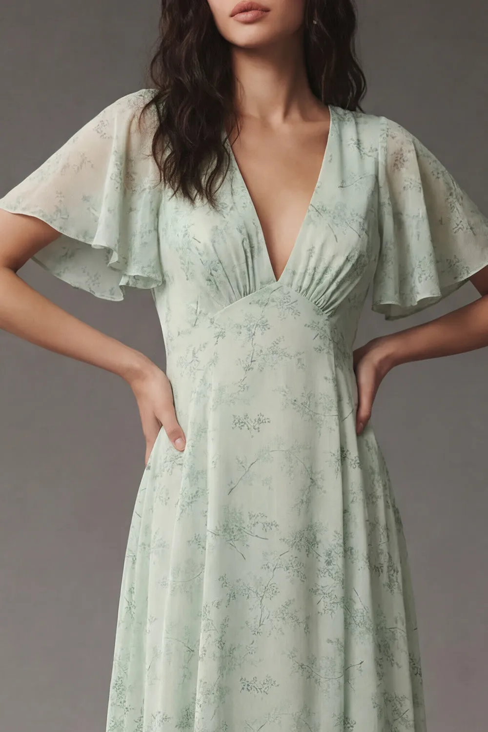 Floral A Line V Neck Dusty Sage Maxi Wedding Guest Dress sold by Wedtrend product image thumbnail 3