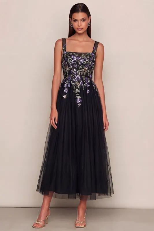 Black Appliqued Sequin Square Neck Tulle A Line Wedding Guest Dress made by Wedtrend
