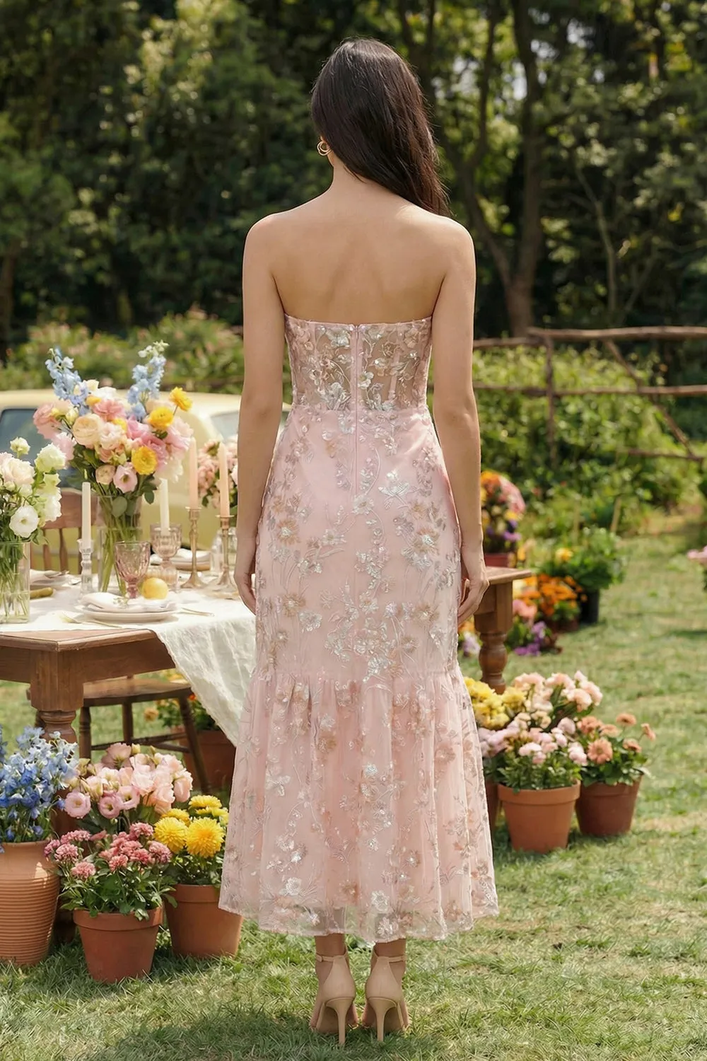Strapless Pink Floral Appliqued Corset Wedding Guest Dress sold by Wedtrend product image thumbnail 2