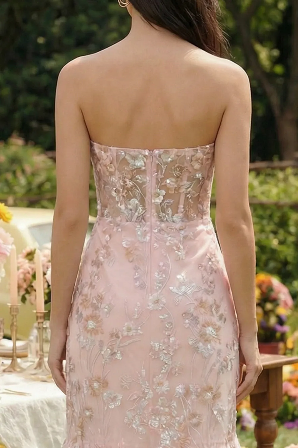 Strapless Pink Floral Appliqued Corset Wedding Guest Dress sold by Wedtrend product image thumbnail 4