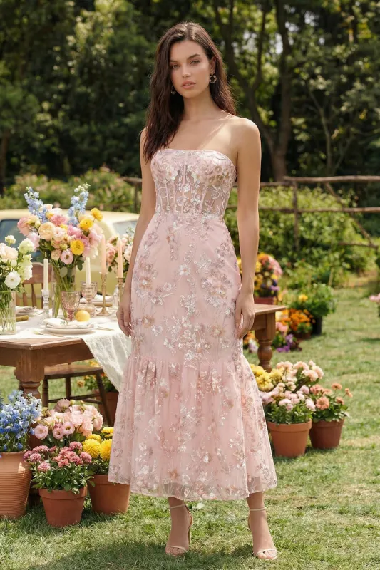 Strapless Pink Floral Appliqued Corset Wedding Guest Dress made by Wedtrend