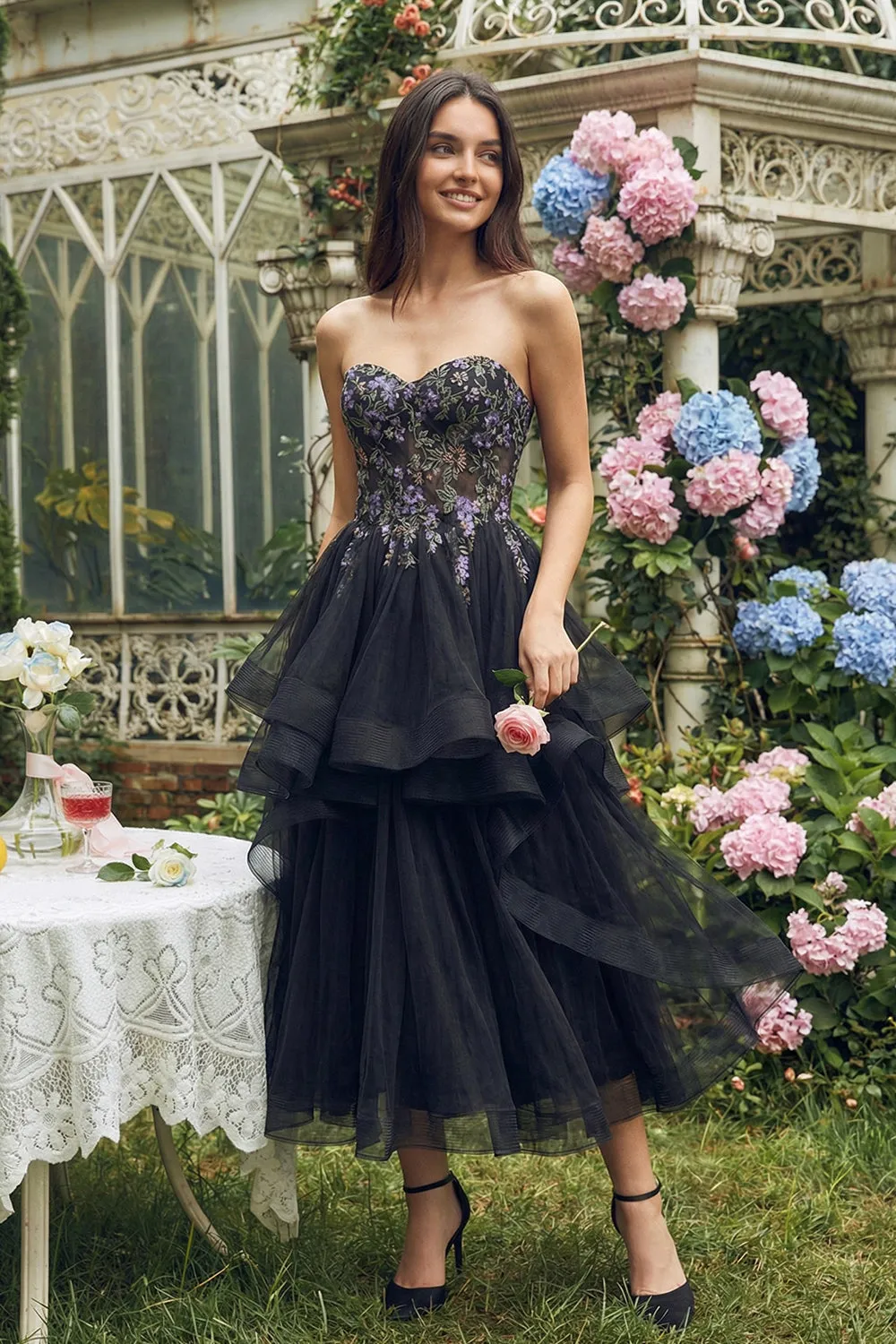 Strapless Black A Line Applique Midi Wedding Guest Dress sold by Wedtrend
