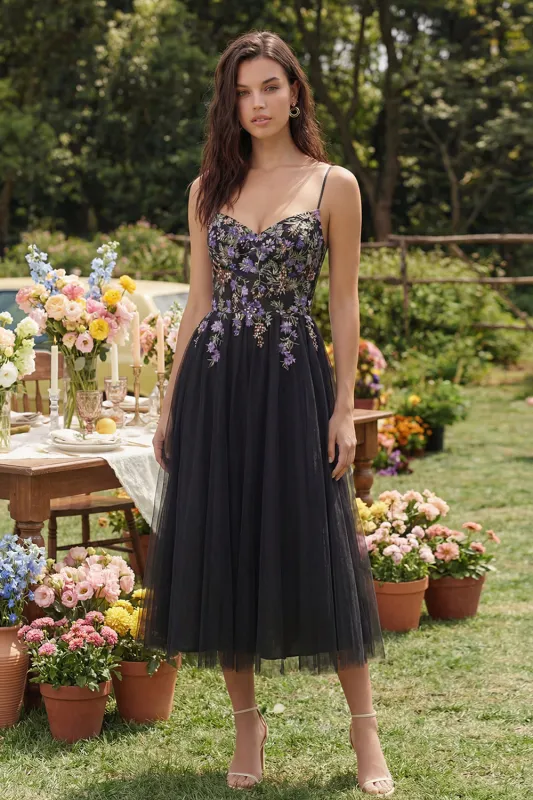 Black Embroidered Tulle A Line Midi Wedding Guest Dress made by Wedtrend