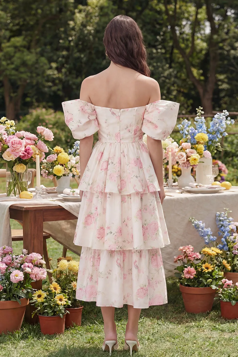 Off the Shoulder A Line Tiered White Floral Wedding Guest Dress sold by Wedtrend product image thumbnail 2