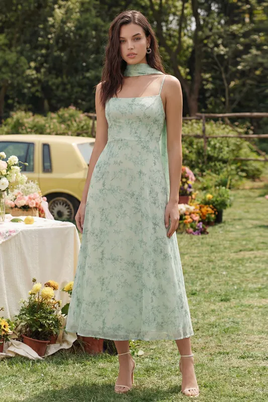 Floral Dusty Sage A Line Spring Wedding Guest Dress with Sash made by Wedtrend
