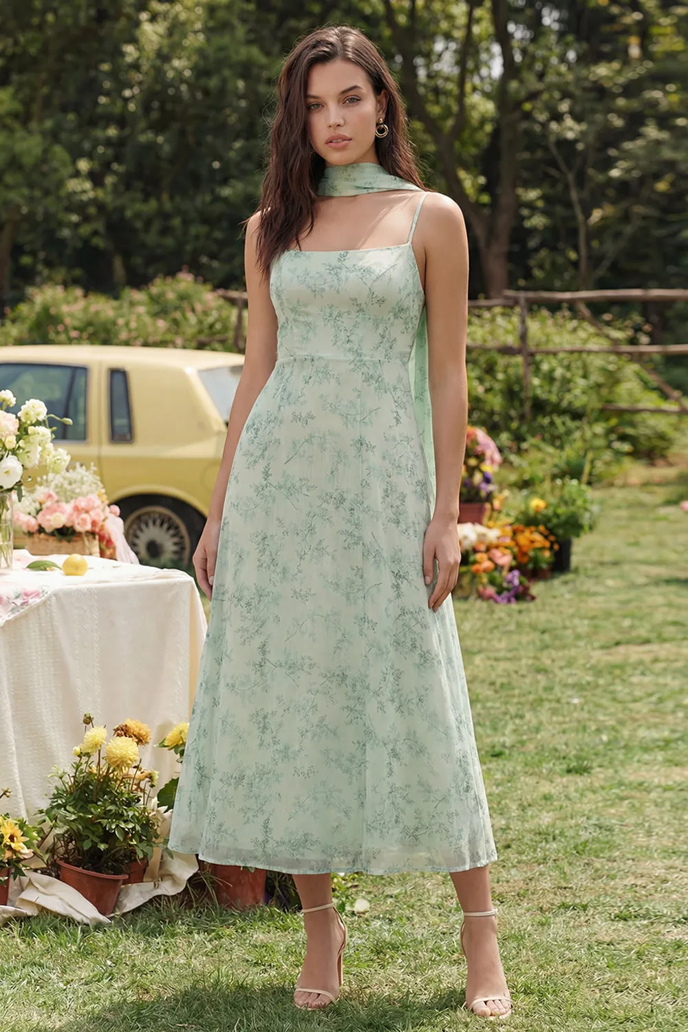 Floral Dusty Sage A Line Spring Wedding Guest Dress with Sash sold by Wedtrend