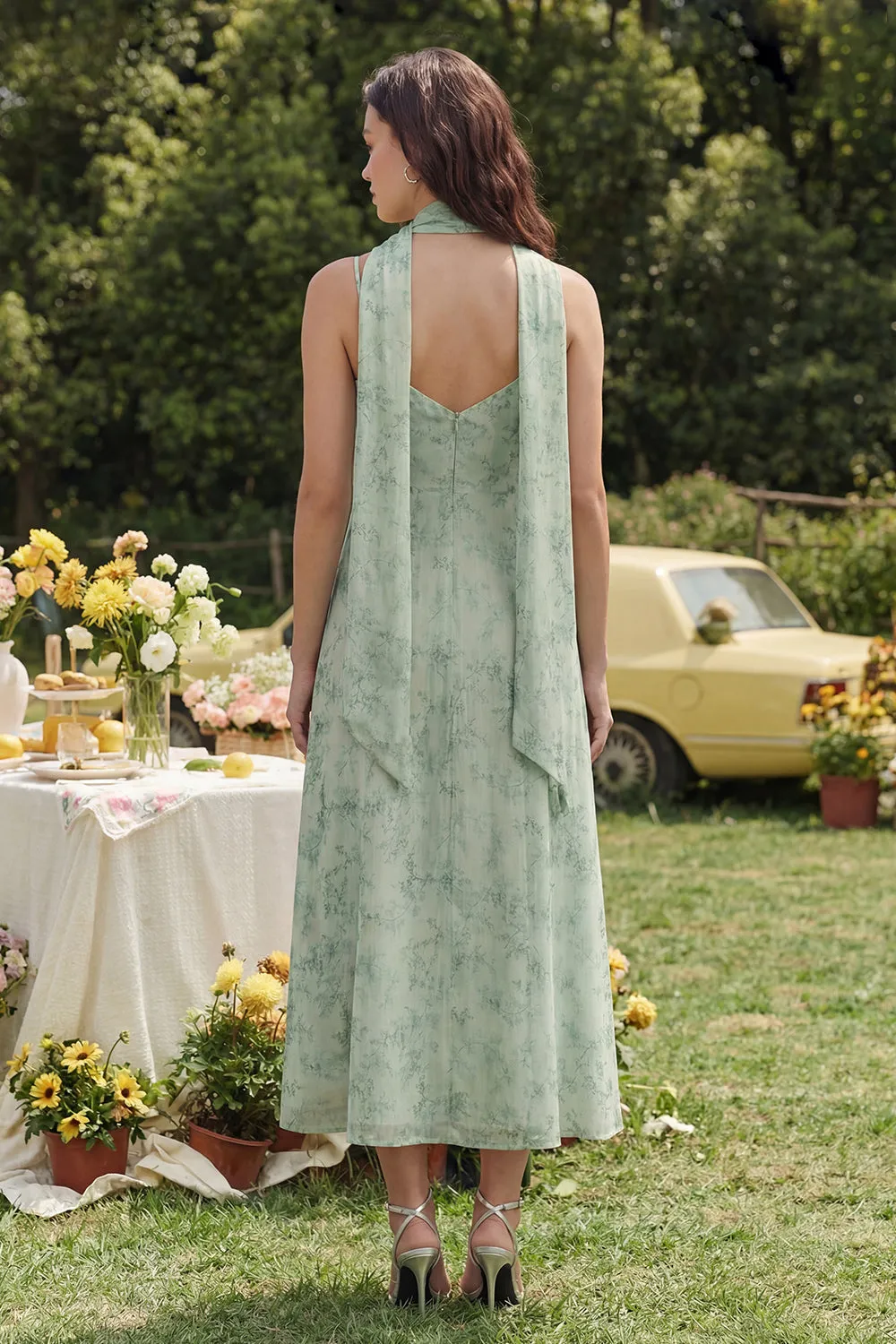 Floral Dusty Sage A Line Spring Wedding Guest Dress with Sash sold by Wedtrend product image thumbnail 2
