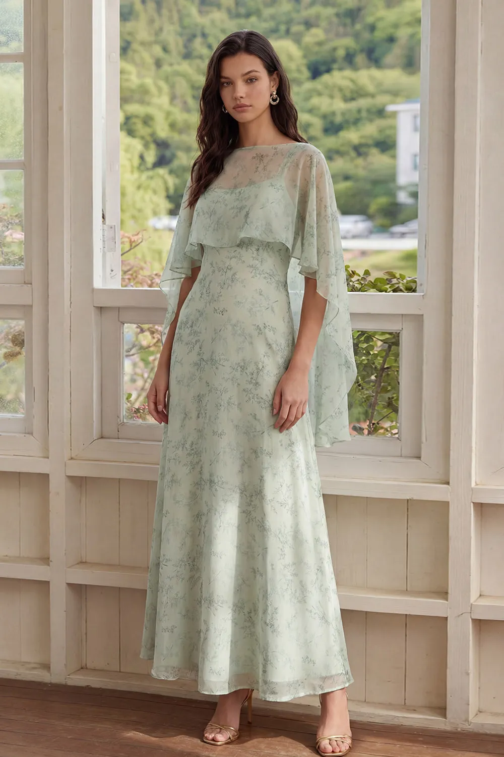 Dusty Sage Floral 2 Piece Chiffon A Line Wedding Guest Dress with Cape sold by Wedtrend product image thumbnail 3