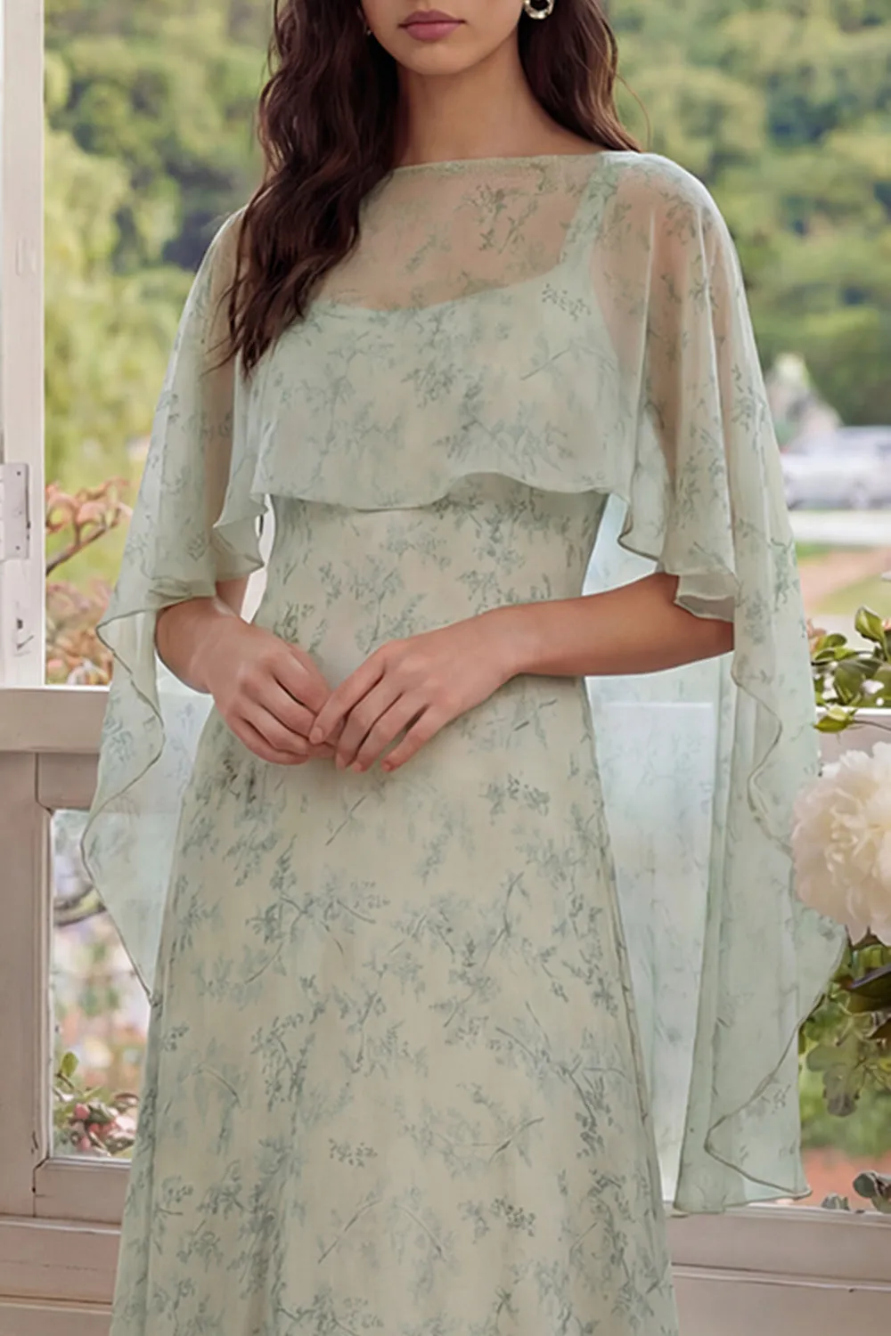 Dusty Sage Floral 2 Piece Chiffon A Line Wedding Guest Dress with Cape sold by Wedtrend product image thumbnail 4