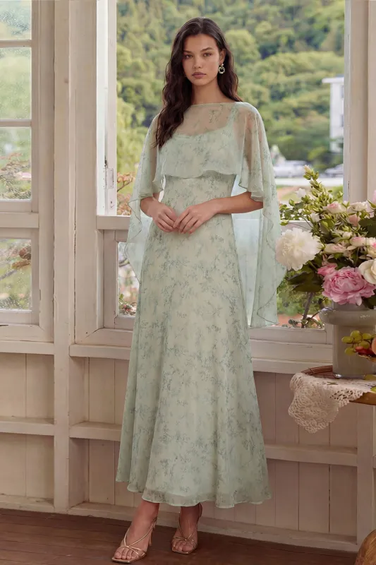 Dusty Sage Floral 2 Piece Chiffon A Line Wedding Guest Dress with Cape made by Wedtrend