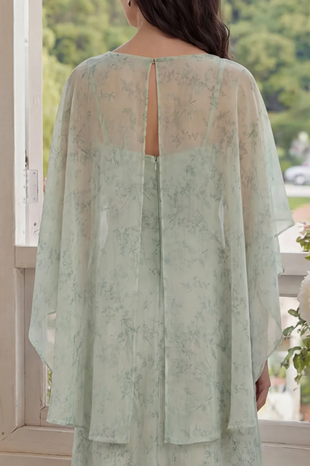 Dusty Sage Floral 2 Piece Chiffon A Line Wedding Guest Dress with Cape sold by Wedtrend product image thumbnail 5