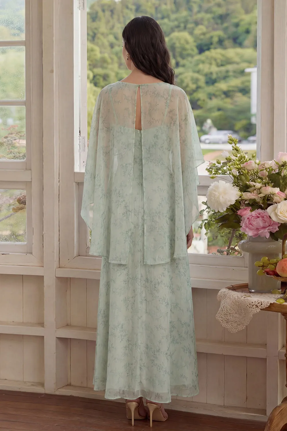 Dusty Sage Floral 2 Piece Chiffon A Line Wedding Guest Dress with Cape sold by Wedtrend product image thumbnail 2