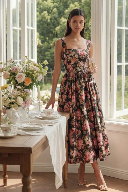 Black Pink Flower A Line Square Neck Pleated Midi Wedding Guest Dress made by Wedtrend