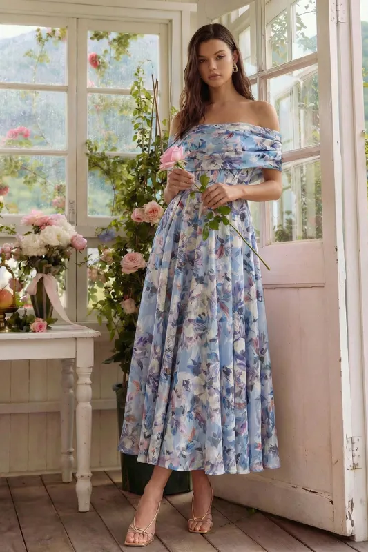 Off the Shoulder A Line Blue Floral Wedding Guest Dress made by Wedtrend