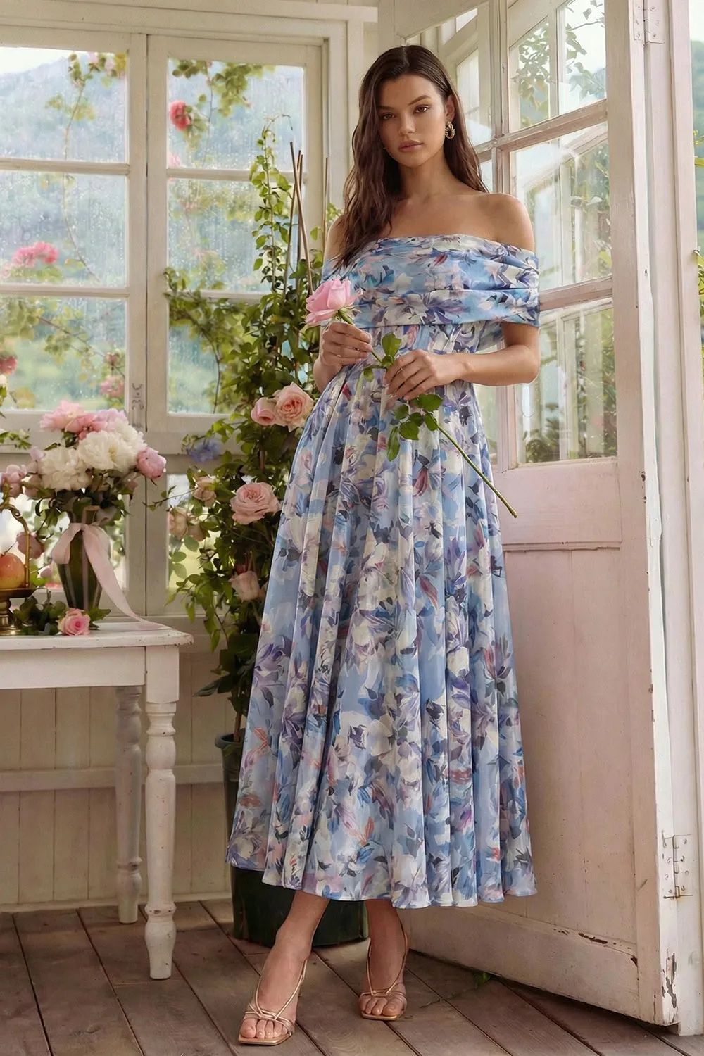 Off the Shoulder A Line Blue Floral Wedding Guest Dress sold by Wedtrend