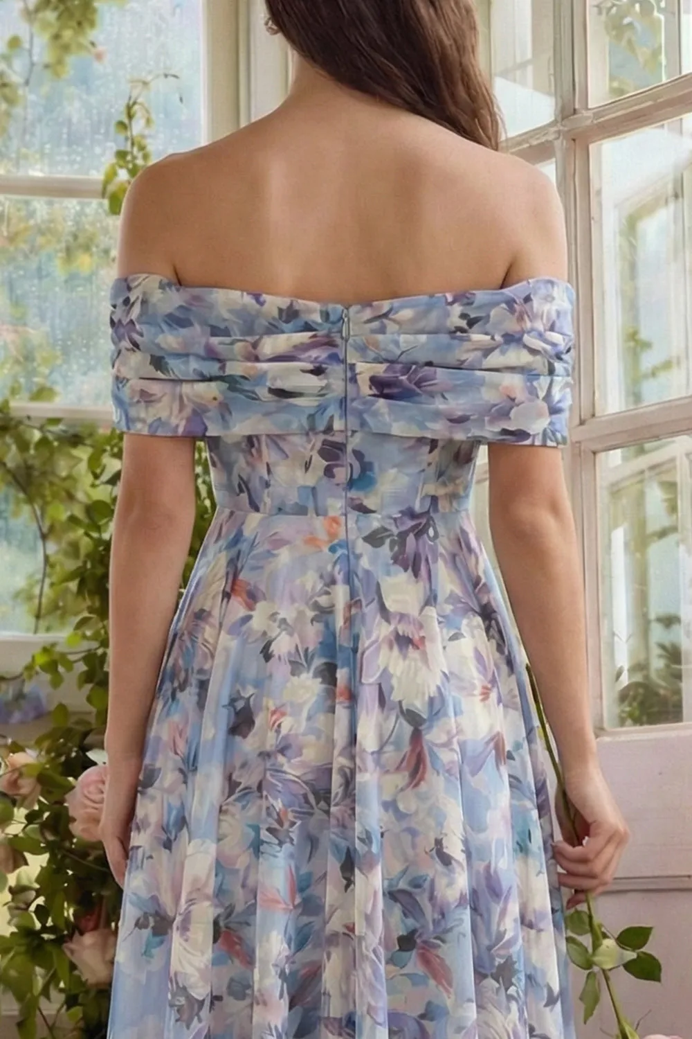 Off the Shoulder A Line Blue Floral Wedding Guest Dress sold by Wedtrend product image thumbnail 5