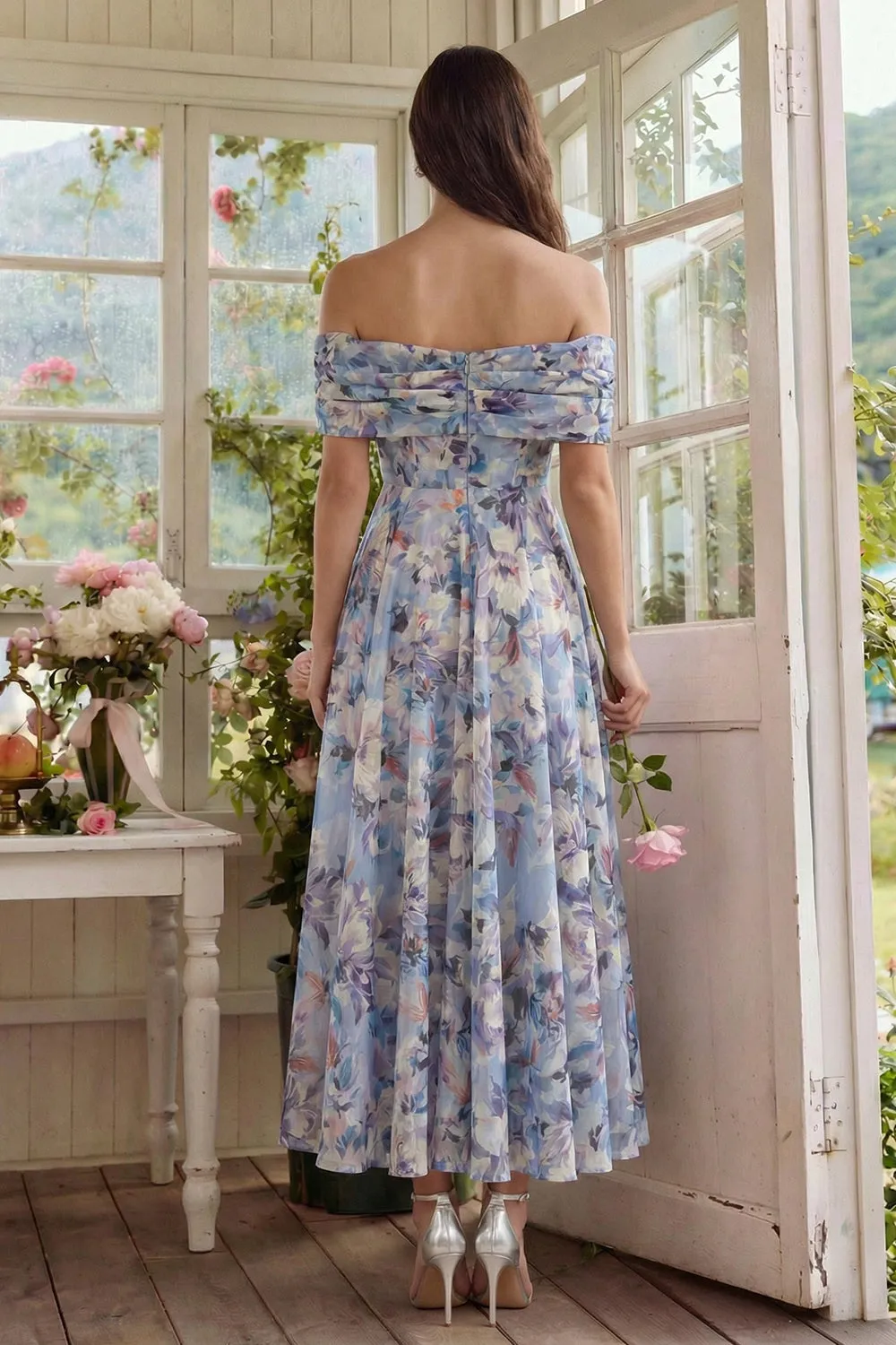 Off the Shoulder A Line Blue Floral Wedding Guest Dress sold by Wedtrend product image thumbnail 2