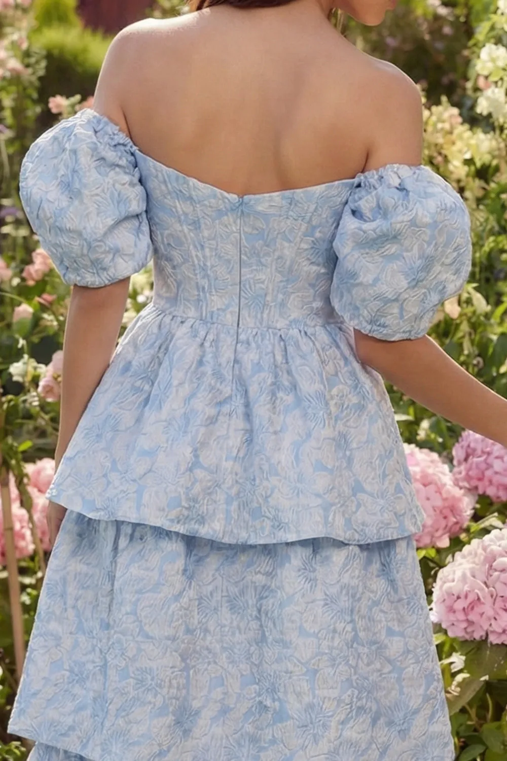 Blue Floral Off the Shoulder A Line Tiered Jacquard Midi Wedding Guest Dress sold by Wedtrend product image thumbnail 5