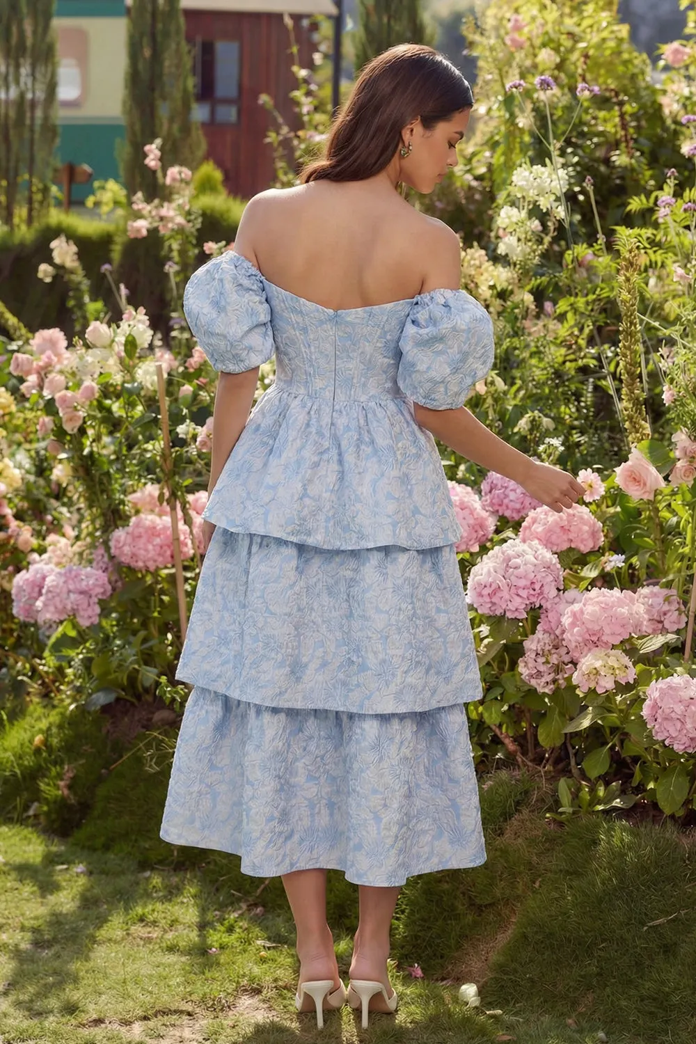 Blue Floral Off the Shoulder A Line Tiered Jacquard Midi Wedding Guest Dress sold by Wedtrend product image thumbnail 2