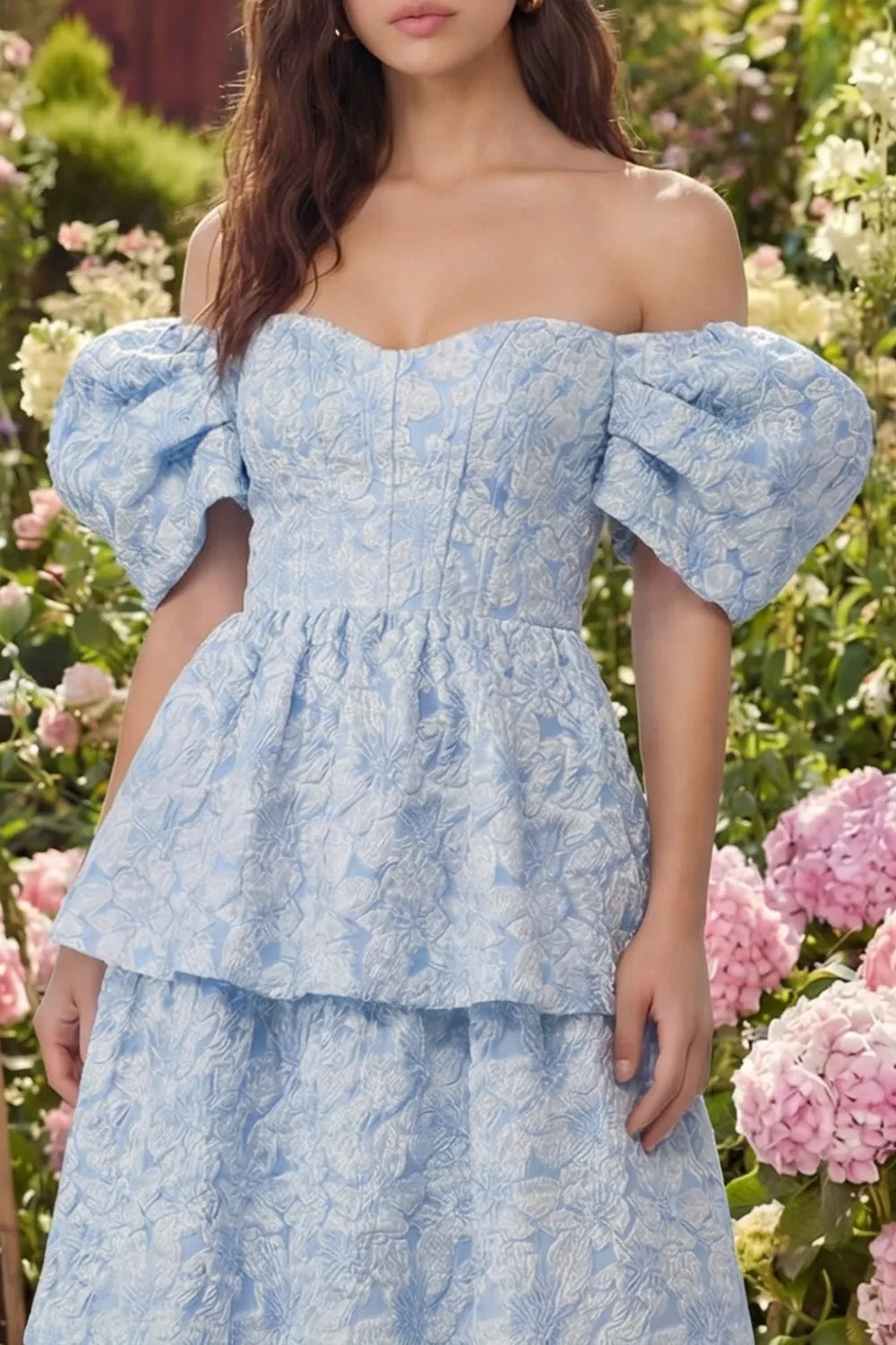 Blue Floral Off the Shoulder A Line Tiered Jacquard Midi Wedding Guest Dress sold by Wedtrend product image thumbnail 4