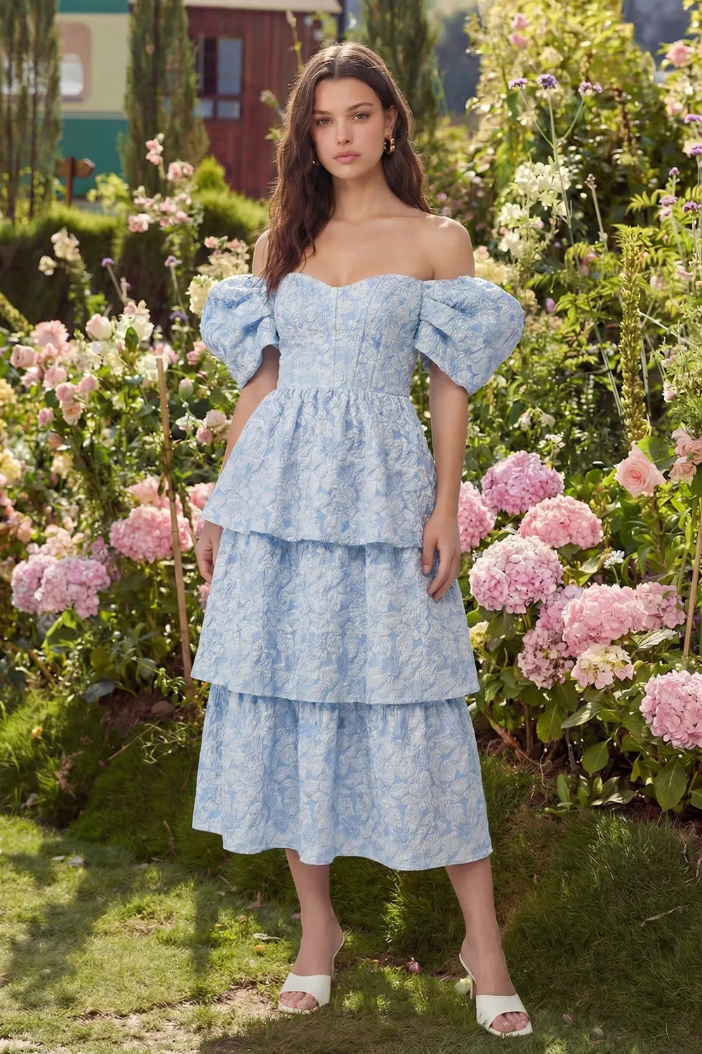 Blue Floral Off the Shoulder A Line Tiered Jacquard Midi Wedding Guest Dress sold by Wedtrend