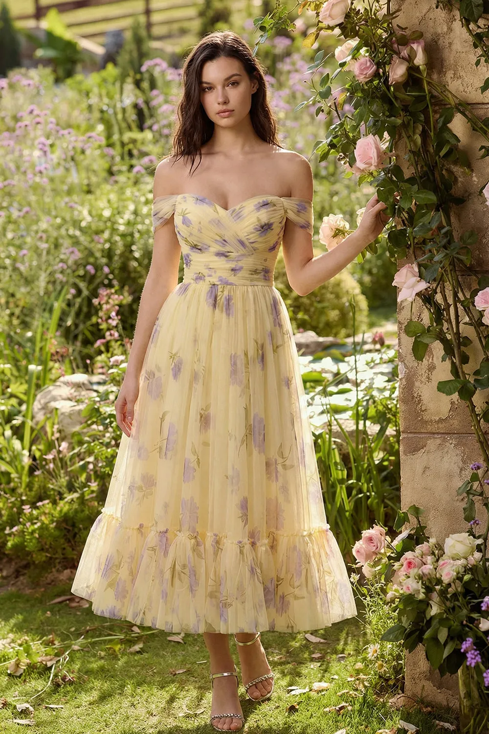 Off the Shoulder Yellow Floral A Line Midi Wedding Guest Dress sold by Wedtrend product image thumbnail 3