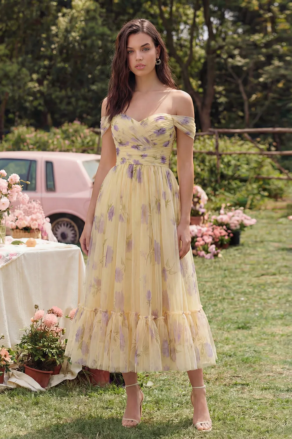 Off the Shoulder Yellow Floral A Line Midi Wedding Guest Dress sold by Wedtrend