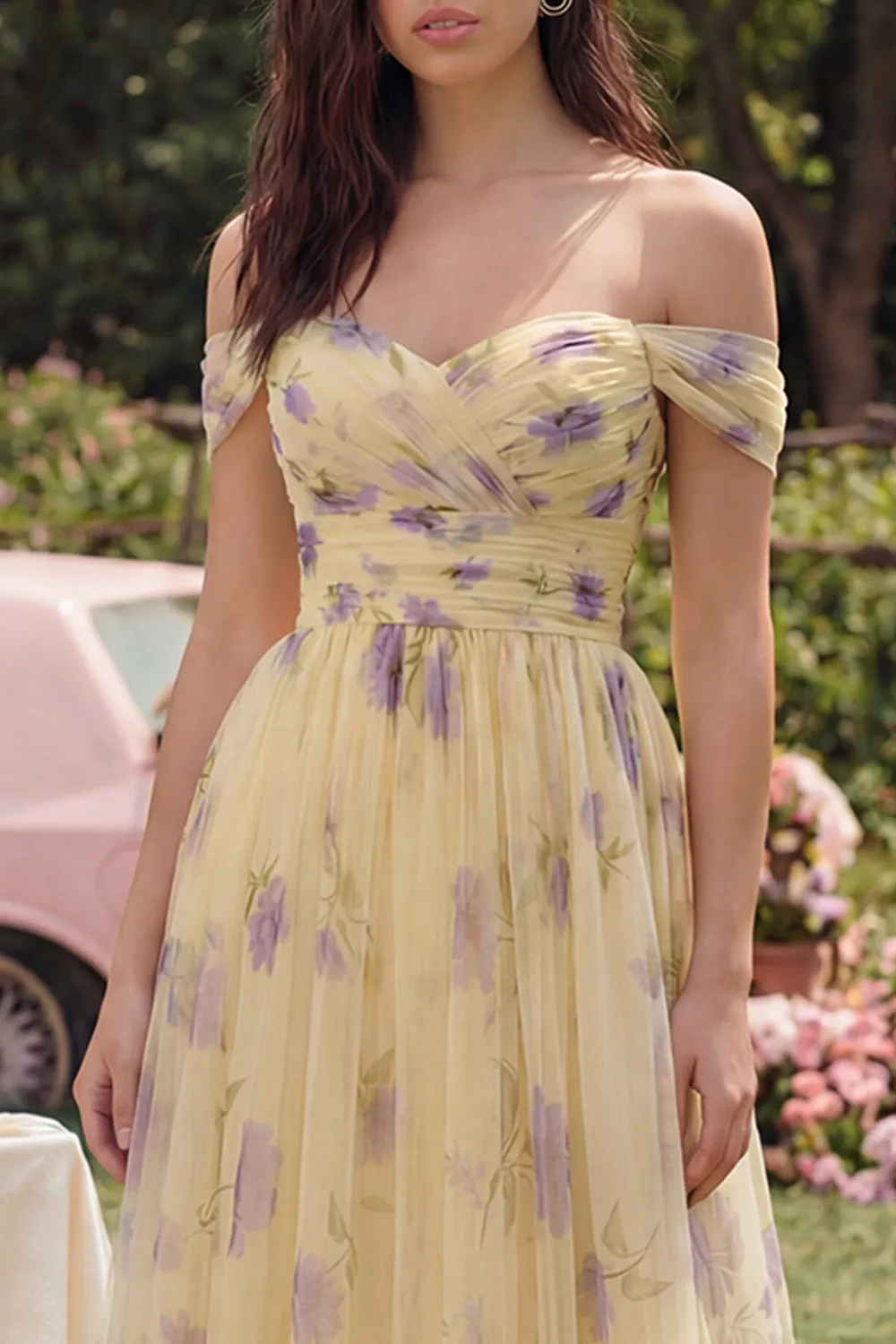 Off the Shoulder Yellow Floral A Line Midi Wedding Guest Dress sold by Wedtrend product image thumbnail 5