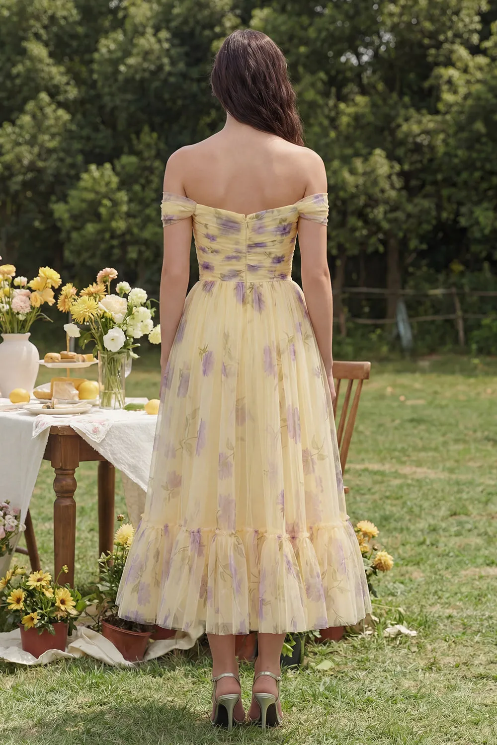Off the Shoulder Yellow Floral A Line Midi Wedding Guest Dress sold by Wedtrend product image thumbnail 2