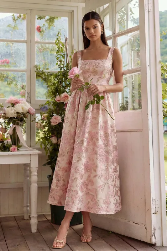 Blush Floral A Line Square Neck Brocade Midi Wedding Guest Dress made by Wedtrend