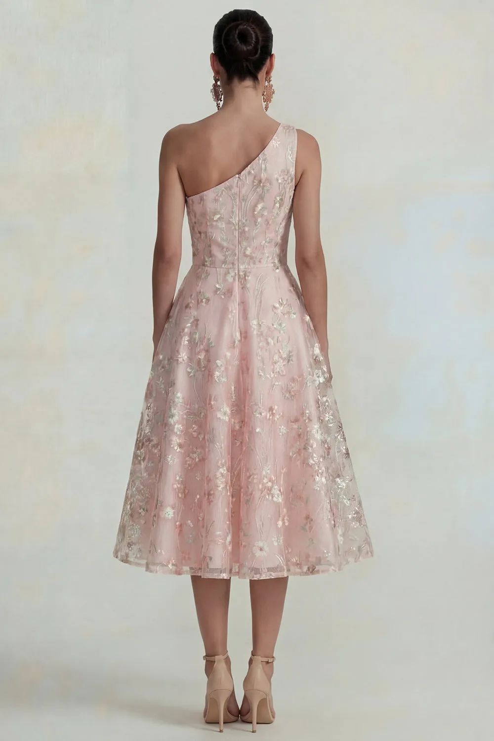 One Shoulder A Line Pink Floral Midi Wedding Guest Dress sold by Wedtrend product image thumbnail 2