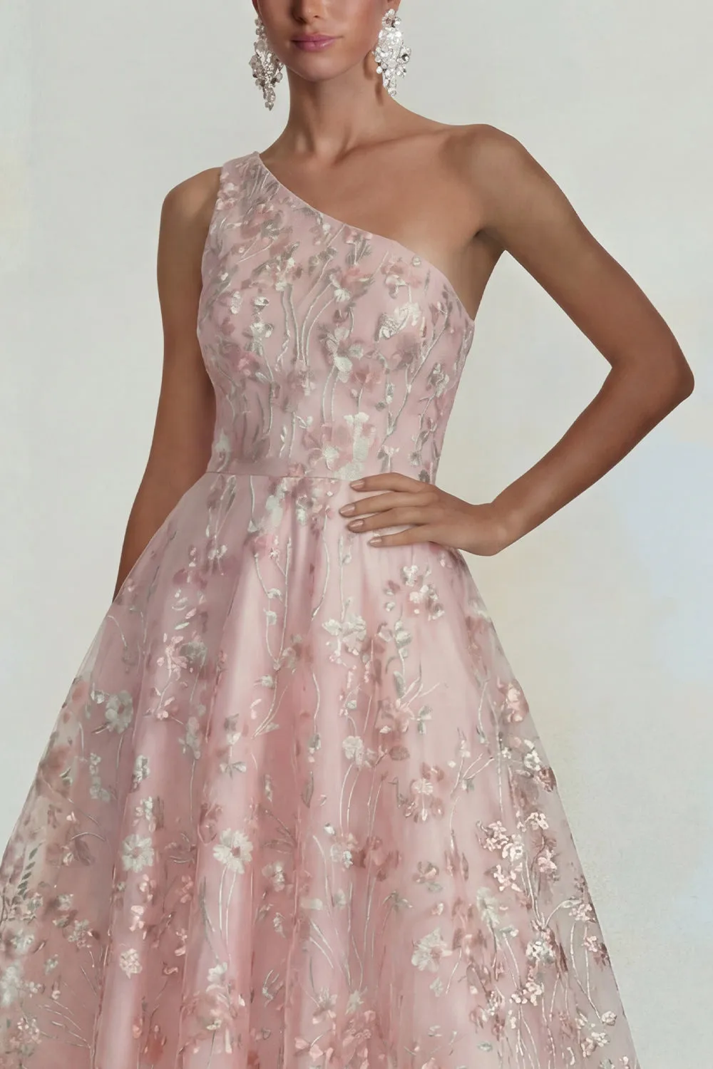 One Shoulder A Line Pink Floral Midi Wedding Guest Dress sold by Wedtrend product image thumbnail 3