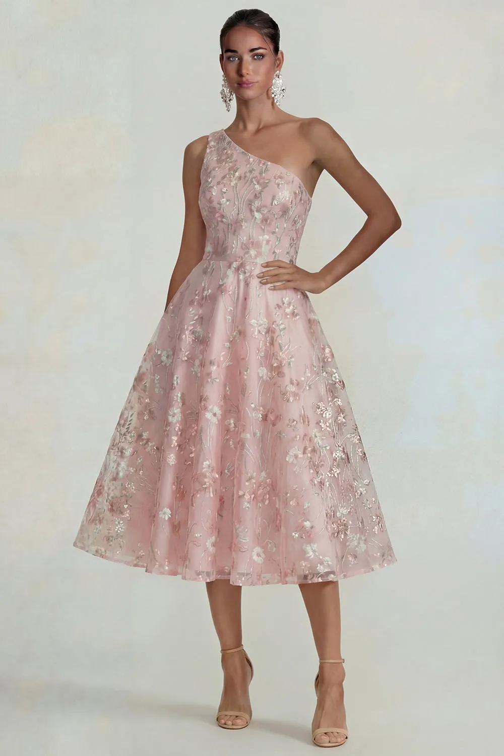 One Shoulder A Line Pink Floral Midi Wedding Guest Dress sold by Wedtrend