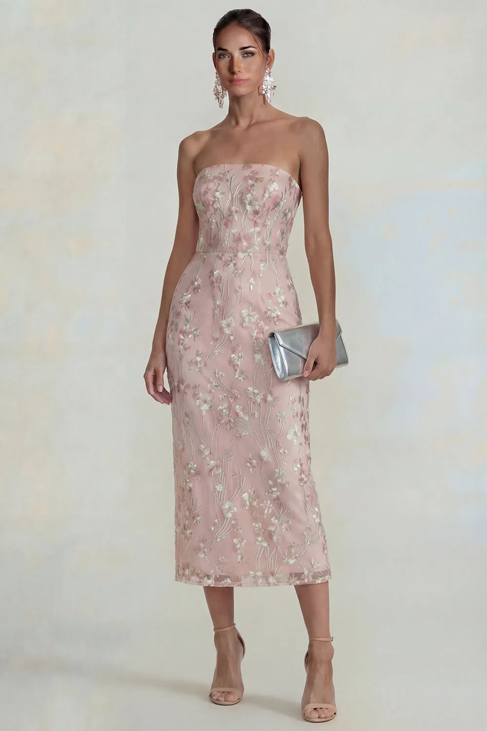 Floral Pink Strapless Sheath Midi Wedding Guest Dress with Slit sold by Wedtrend