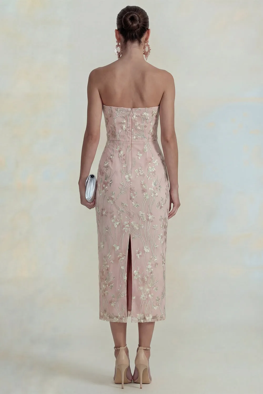 Floral Pink Strapless Sheath Midi Wedding Guest Dress with Slit sold by Wedtrend product image thumbnail 2