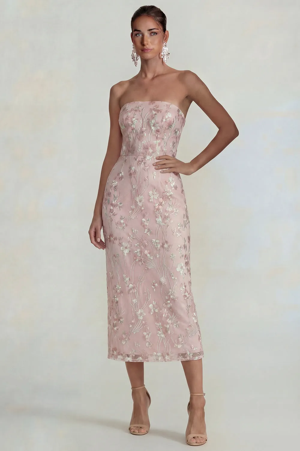 Floral Pink Strapless Sheath Midi Wedding Guest Dress with Slit sold by Wedtrend product image thumbnail 3