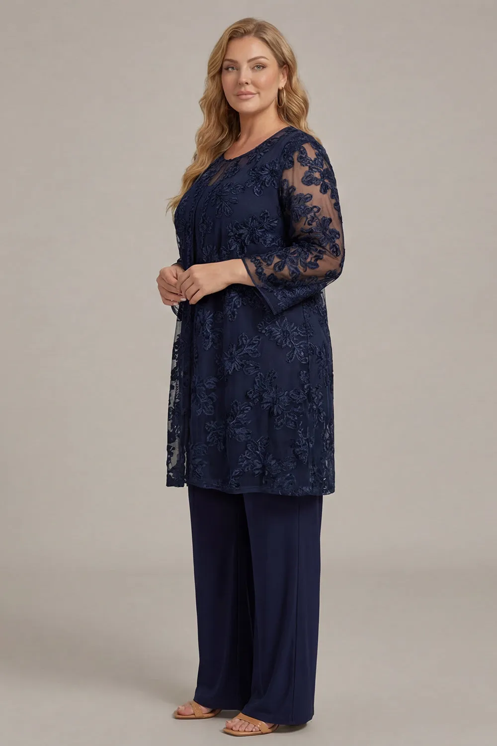 2-Piece Navy Chiffon Appliqued Mother Of the Bride Pant Suits with 3/4 Sleeves sold by Wedtrend product image thumbnail 3