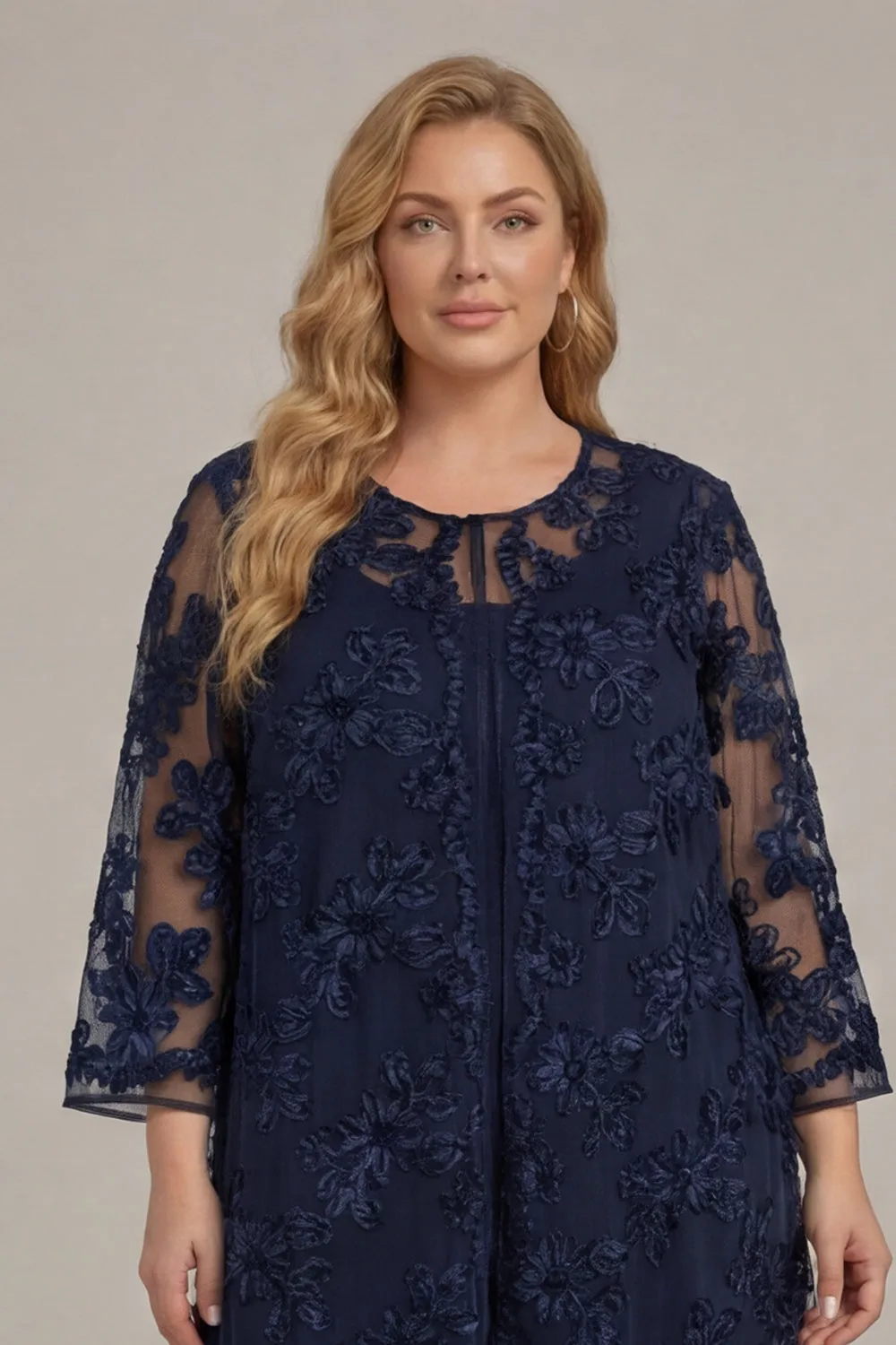 2-Piece Navy Chiffon Appliqued Mother Of the Bride Pant Suits with 3/4 Sleeves sold by Wedtrend product image thumbnail 4