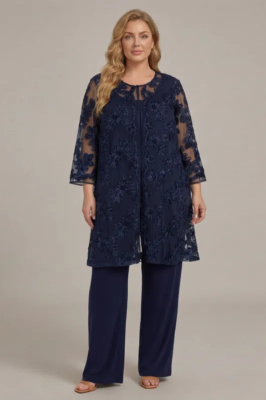 2-Piece Navy Chiffon Appliqued Mother Of the Bride Pant Suits with 3/4 Sleeves made by Wedtrend