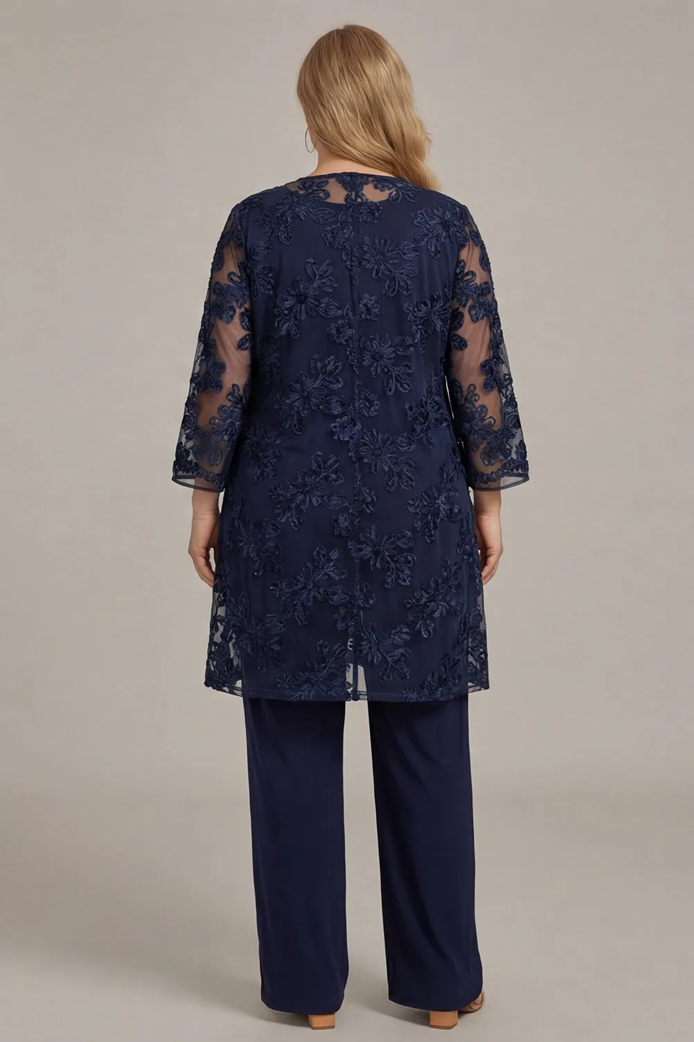 2-Piece Navy Chiffon Appliqued Mother Of the Bride Pant Suits with 3/4 Sleeves sold by Wedtrend product image thumbnail 2