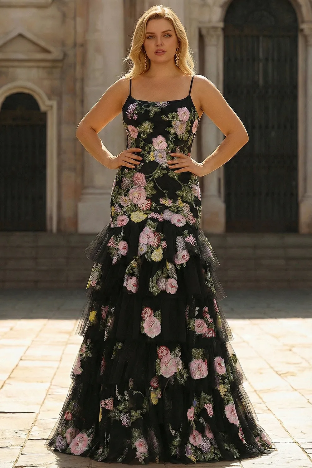 Black Pink Flower Plus Size Sequin Mermaid Tiered Ruffle Long Prom Dress sold by Wedtrend
